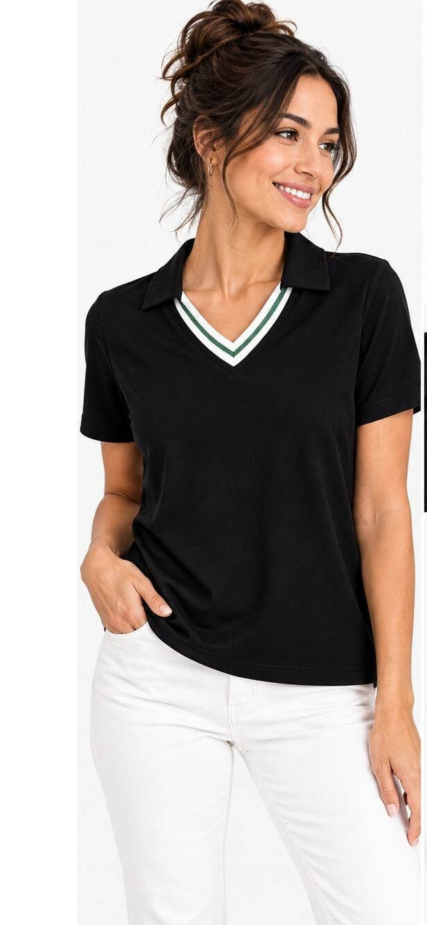Sincerely Jules Women’s M Black V-Neck Striped Trim Golf Tennis Polo
